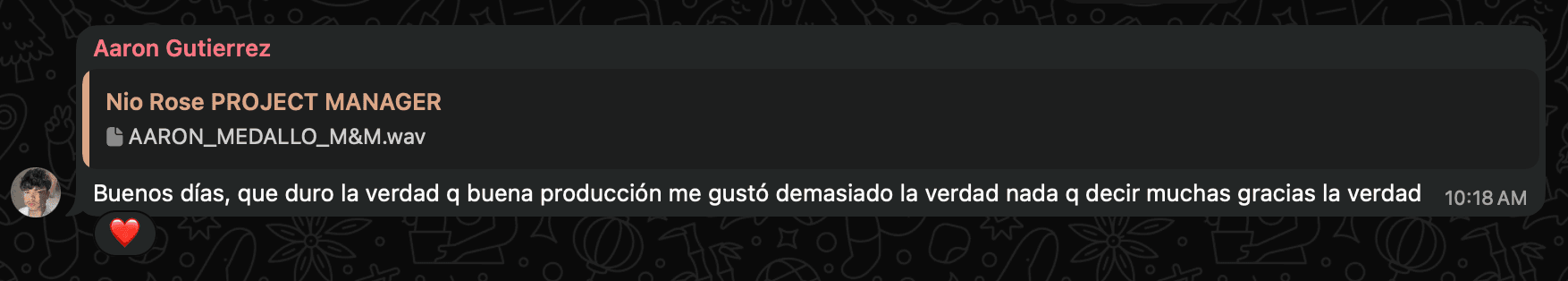 Testimonio de Aaron Gutiérrez por chat: «Qué duro, qué buena producción, me gustó demasiado. Muchas gracias»